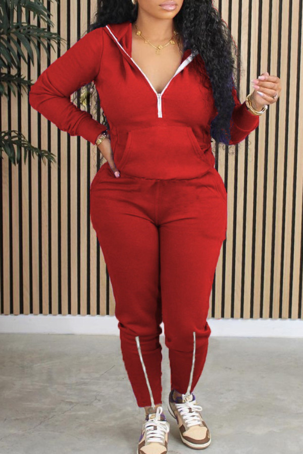 Brick Red Casual Solid Patchwork Zipper Collar Long Sleeve Two Pieces