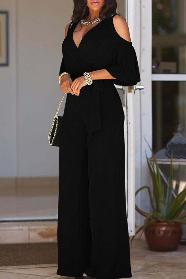 Black Casual Solid Hollowed Out V Neck Regular Jumpsuits