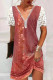 Red Casual Print Patchwork V Neck Short Sleeve Dress (Subject To The Actual Object)