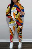 Orange Yellow Casual Print Basic Hooded Collar Long Sleeve Two Pieces