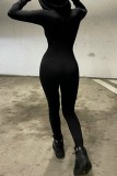Black Casual Solid Basic Hooded Collar Skinny Jumpsuits