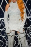 Grey Sexy Casual Solid Ripped Hollowed Out Turtleneck Long Sleeve Three Piece Set