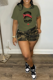 Army Green Daily Print Patchwork O Neck T-Shirts
