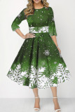 Green Casual Print Patchwork O Neck A Line Dresses