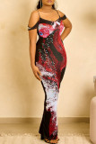 Red Sexy Casual Print Backless Spaghetti Strap Long Dress Dresses