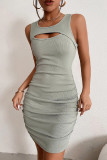 Grey Casual Solid Hollowed Out O Neck Sleeveless Dress Dresses