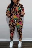 Multicolor Casual Print Basic Hooded Collar Long Sleeve Two Pieces