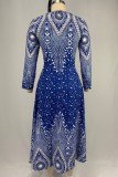 Blue Casual Print Basic O Neck Long Sleeve Dresses