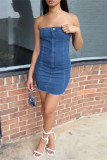 Blue Sexy Casual Solid Backless Strapless Sleeveless Skinny Denim Dresses
