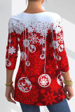 Deep Red Casual Print Patchwork O Neck Tops