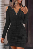 Black Casual Solid Hollowed Out V Neck Long Sleeve Dresses