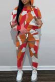 Orange Red Casual Print Basic Hooded Collar Long Sleeve Two Pieces
