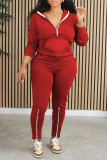 Brick Red Casual Solid Patchwork Zipper Collar Long Sleeve Two Pieces