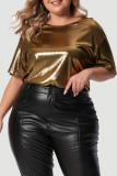 Gold Casual Solid Basic O Neck Plus Size Tops