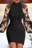 Pure Black Casual Solid Patchwork See-through Half A Turtleneck Long Sleeve Dresses