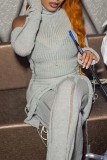 Grey Sexy Casual Solid Ripped Hollowed Out Turtleneck Long Sleeve Three Piece Set