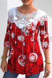 Red Casual Print Patchwork O Neck Tops