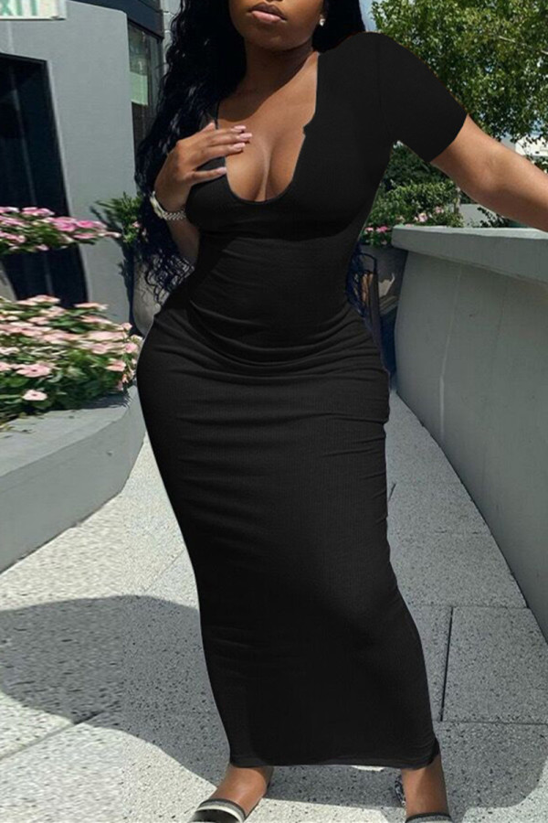 Black Fashion Casual Solid Basic V Neck Short Sleeve Dress