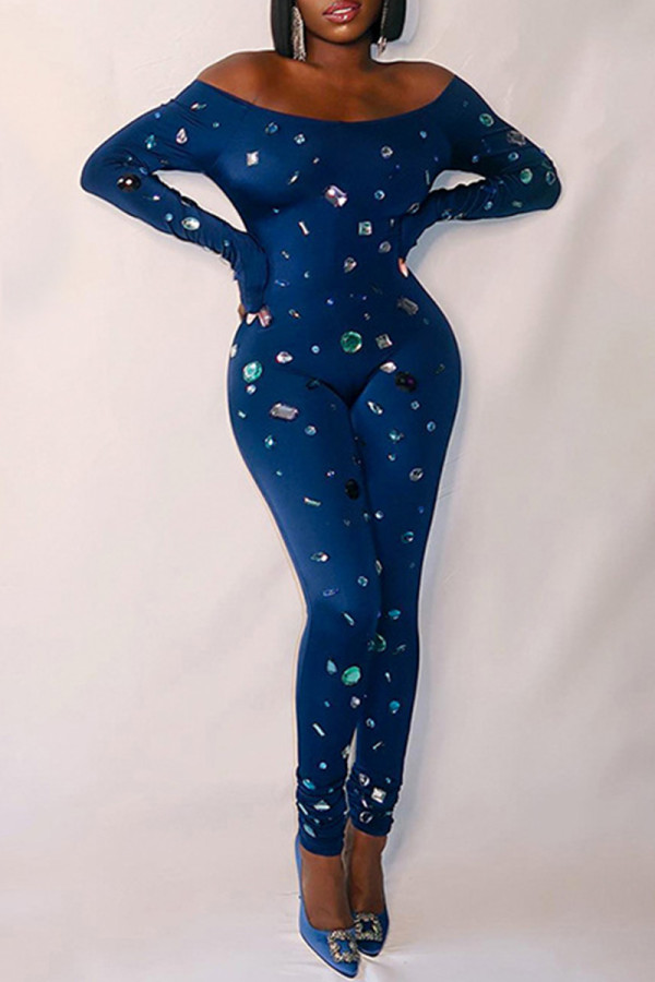 Blue Casual Print Backless Off the Shoulder Skinny Jumpsuits