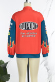 Red Street Print Patchwork Pocket Buckle O Neck Outerwear