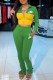 Green Street Print Patchwork Letter Turndown Collar Long Sleeve Two Pieces
