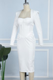 Cream White Daily Elegant College Patchwork Fold Solid Color Square Collar Long Sleeve Dresses