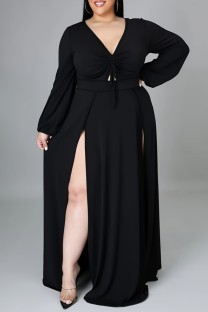 Black Casual Solid Draw String Frenulum Slit V Neck Long Sleeve Plus Size Dresses