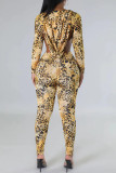 Leopard Print Casual Print Leopard Backless Hooded Collar Skinny Jumpsuits