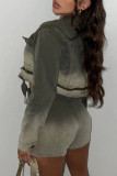 Light Green Street Gradual Change Patchwork Pocket Buckle Zipper Cardigan Collar Long Sleeve Two Pieces