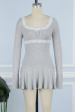Black Sexy Solid Lace Patchwork With Bow U Neck Long Sleeve Dresses