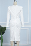 Cream White Daily Elegant College Patchwork Fold Solid Color Square Collar Long Sleeve Dresses