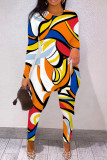Orange Green Casual Print Slit O Neck Long Sleeve Two Pieces