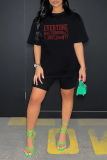 Black Casual Daily Print Patchwork Letter O Neck T-Shirts