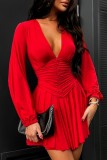 Red Casual Solid Fold V Neck Long Sleeve Dresses