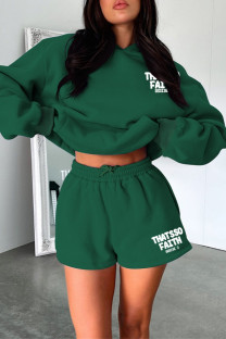 Ink Green Casual Letter Print Basic Hooded Collar Long Sleeve Two Pieces
