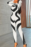 Black Sweet Print Patchwork Zipper Half A Turtleneck Skinny Jumpsuits