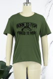 Army Green Casual Daily Print Patchwork O Neck T-Shirts