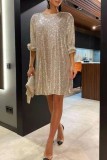 Light Gold Casual Patchwork Sequins O Neck Long Sleeve Dresses