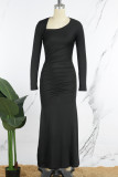 Black Casual Solid Fold Oblique Collar Long Sleeve Dresses