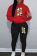 Red Black Casual Print Patchwork Draw String Pocket Hooded Collar Long Sleeve Two Pieces