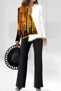 Golden Yellow Casual Print Patchwork V Neck Long Sleeve Two Pieces