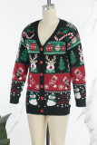 Black Casual Patchwork Buttons V Neck Outerwear