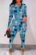 Blue Casual Print Slit O Neck Long Sleeve Two Pieces