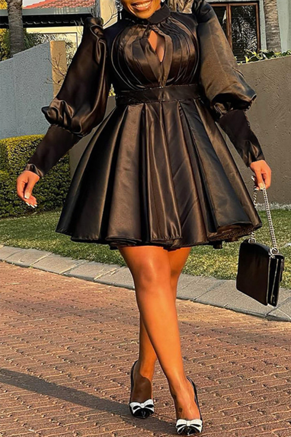 Black Sweet Solid Hollowed Out Patchwork Fold Half A Turtleneck A Line Dresses