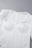Cream White Daily Elegant College Patchwork Fold Solid Color Square Collar Long Sleeve Dresses