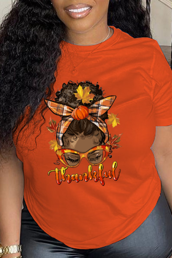 Orange Casual Vintage Print Patchwork O Neck T-Shirts