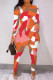 Orange Red Casual Print Slit O Neck Long Sleeve Two Pieces