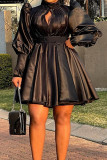 Red Sweet Solid Hollowed Out Patchwork Fold Half A Turtleneck A Line Dresses