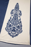 Navy Blue Elegant Print Patchwork O Neck A Line Dresses