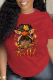 Red Casual Vintage Print Patchwork O Neck T-Shirts
